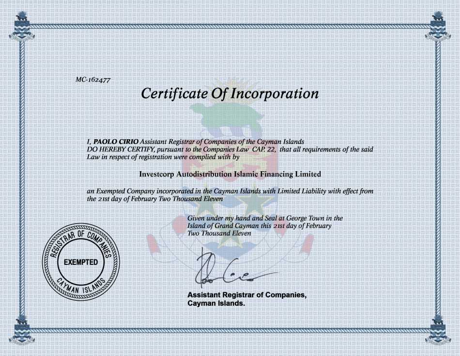 Investcorp Autodistribution Islamic Financing Limited