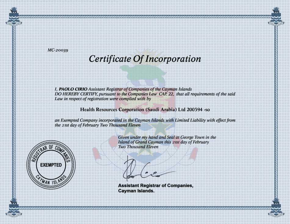 Health Resources Corporation (Saudi Arabia) Ltd 200394 -so