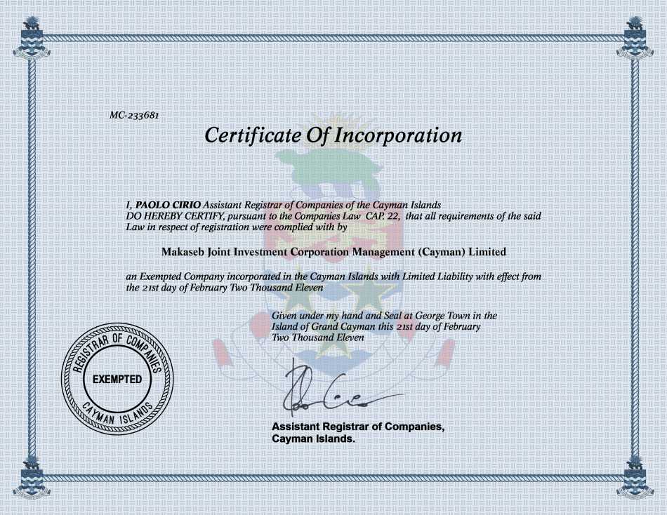 Makaseb Joint Investment Corporation Management (Cayman) Limited