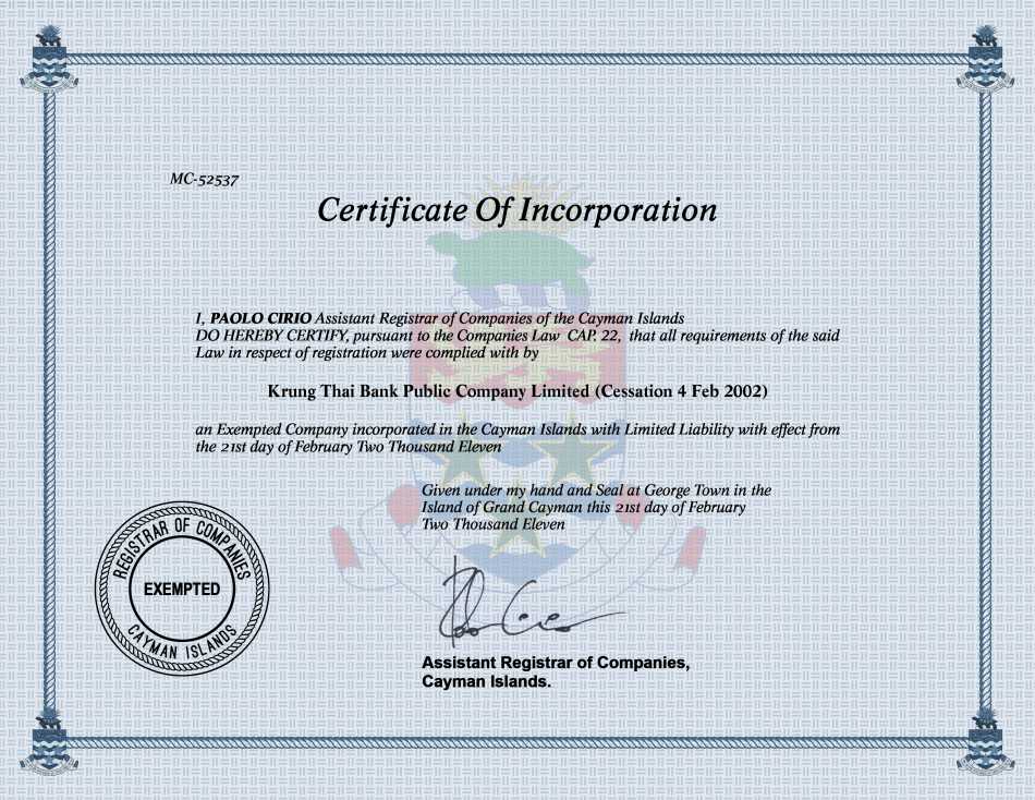 Krung Thai Bank Public Company Limited (Cessation 4 Feb 2002)