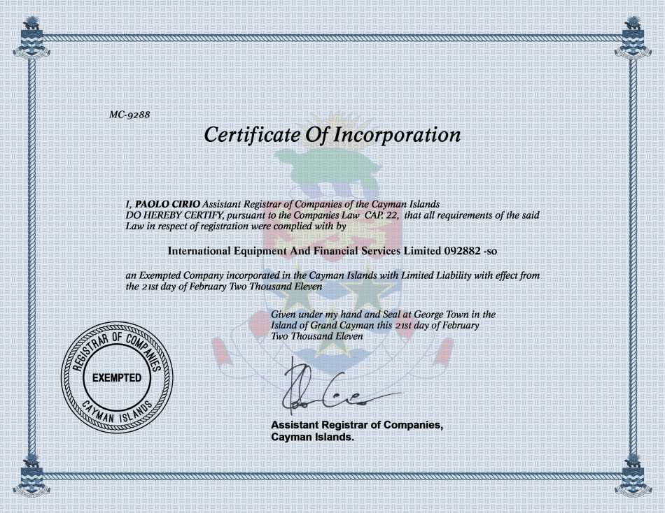 International Equipment And Financial Services Limited 092882 -so